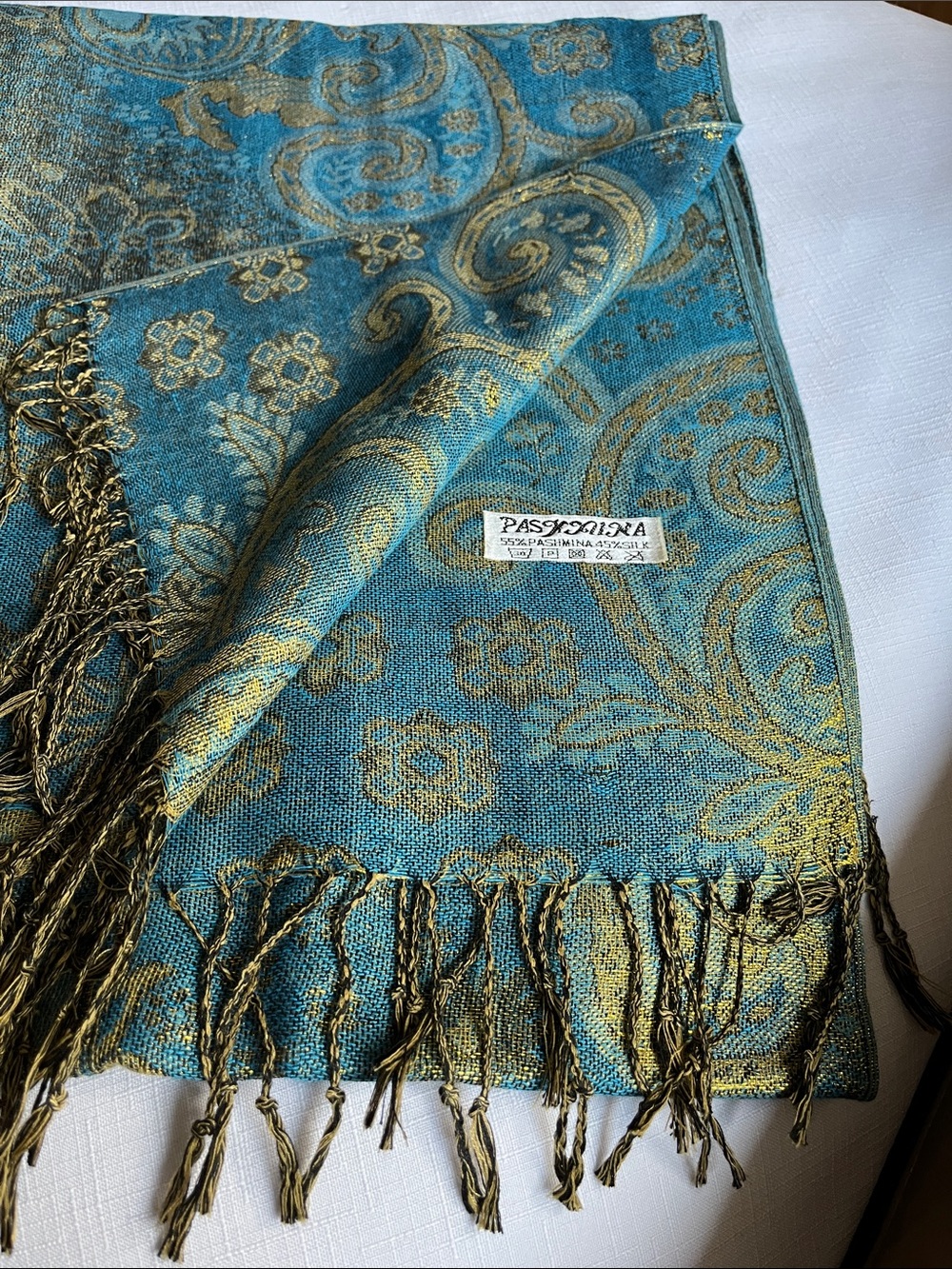 New Pashmina Teal & Gold Woven Paisley Shawl Wrap Scarf, 
silk & pashmina
New